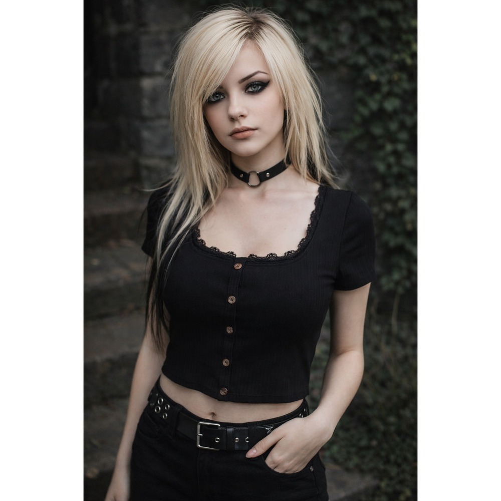 Bozzolo Black Ribbed Button Front Crop‎ Top Lace Trim Size M New